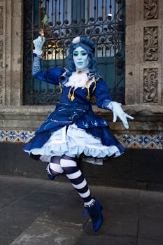 A captivating cosplay performer in an elaborate blue costume poses energetically against an ornate building backdrop.
