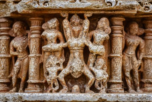 Free Close-up of intricate stone carvings depicting Hindu mythology at Eklingji Temple, Rajasthan. Stock Photo