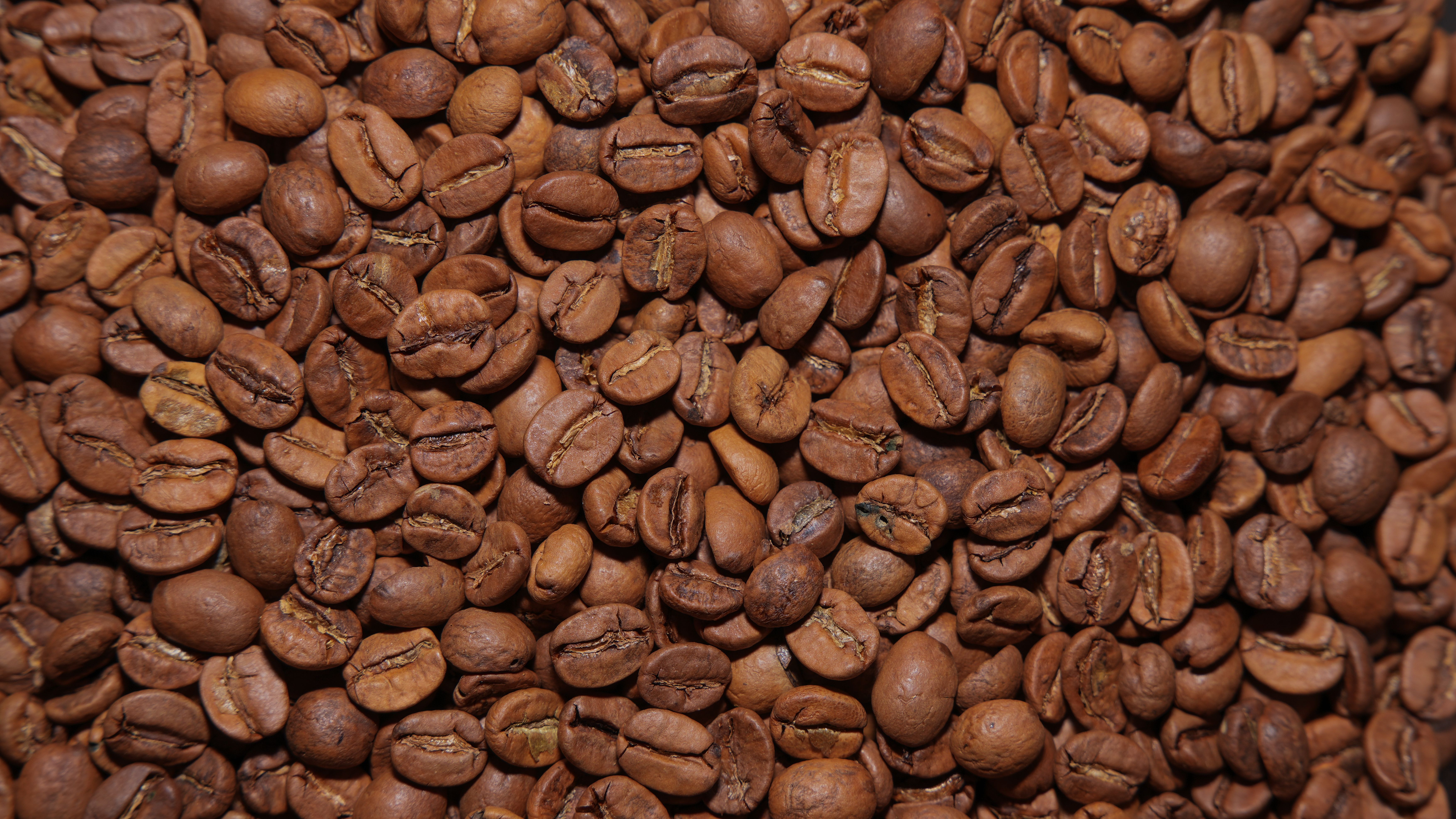 Close-up view of a pile of roasted coffee beans showing textures and details.