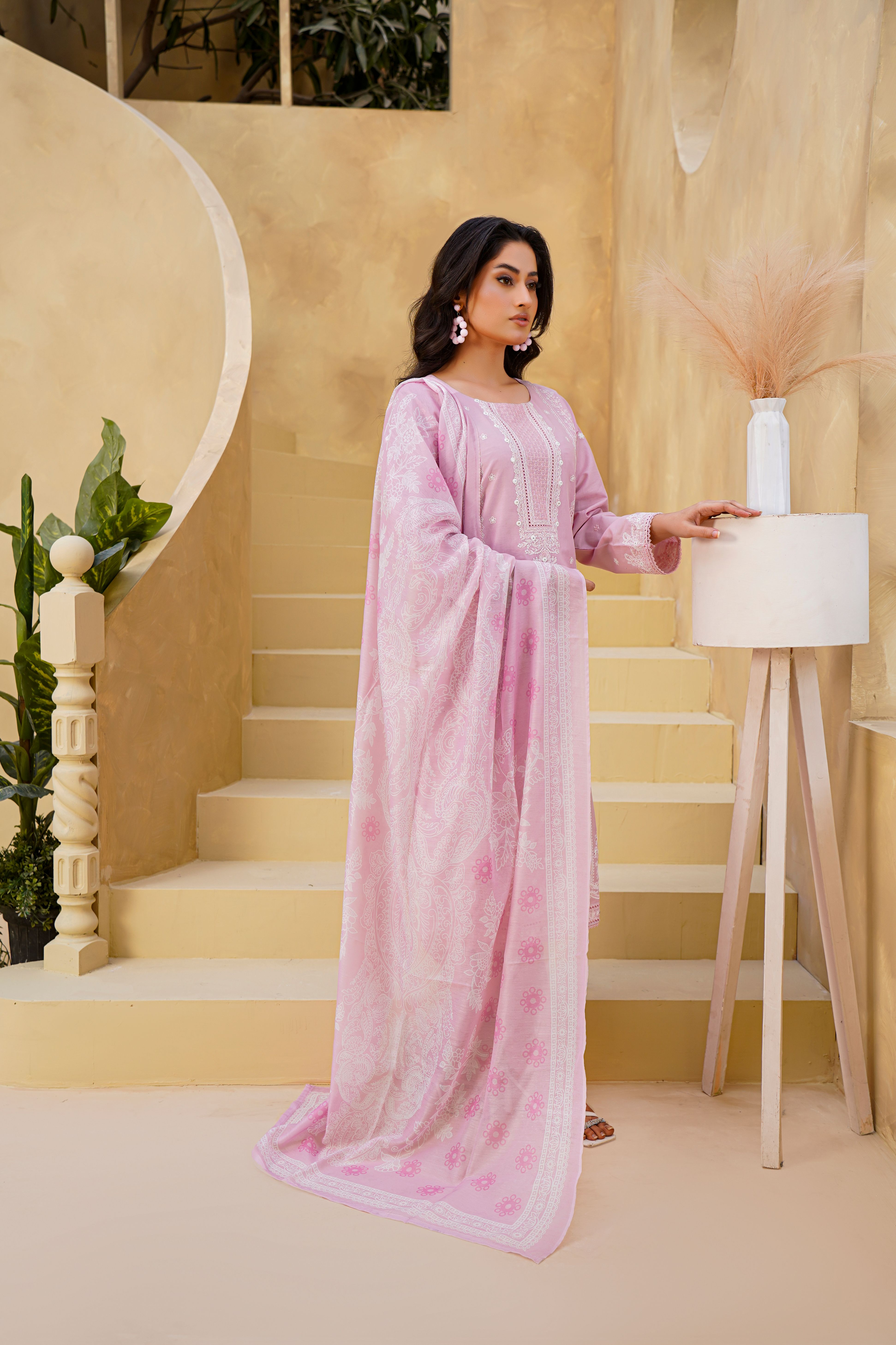 Elegant Woman in Traditional Pink Dress Indoors · Free Stock Photo