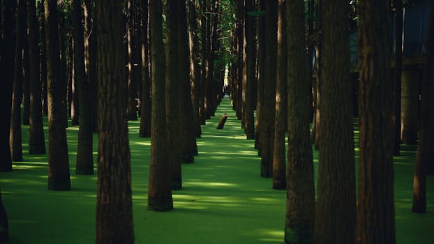 Mystical tree-lined path surrounded by green algae water in Hangzhou, China.