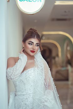 Bride in elegant white dress with intricate beadwork, standing in a stylish salon environment.