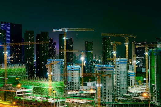 Night view of a bustling construction site in an urban cityscape with cranes and high-rise buildings.