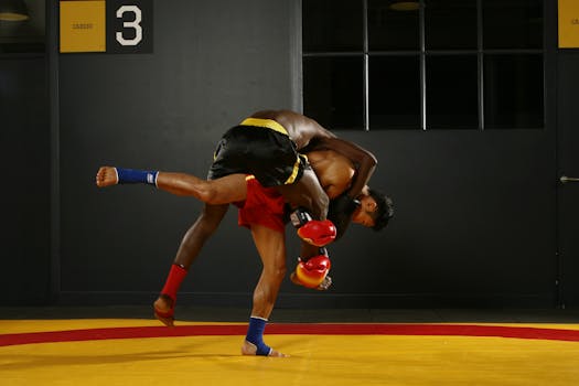 Two athletes engage in intense martial arts sparring indoors.