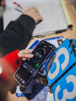 Detailed view of a stopwatch and scoreboard in use during an indoor game with focus on timing.