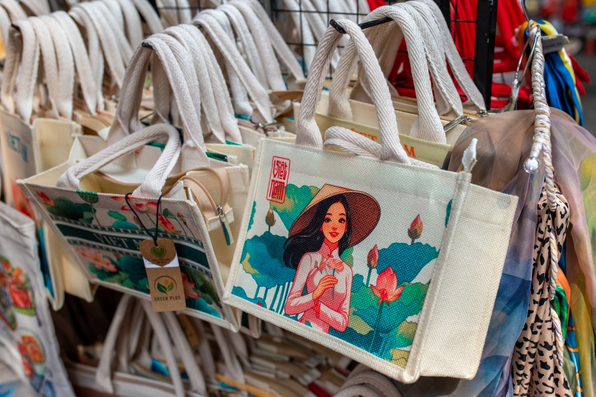 Printed and colorful canvas tote bags displayed for retail applications