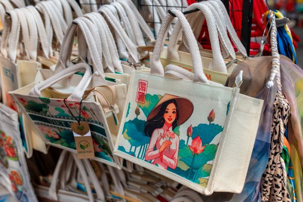 Colorful canvas tote bags on display