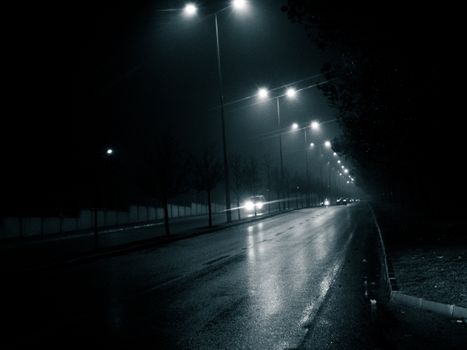 A deserted city street with wet pavement under streetlights, evoking a mysterious and moody ambiance.
