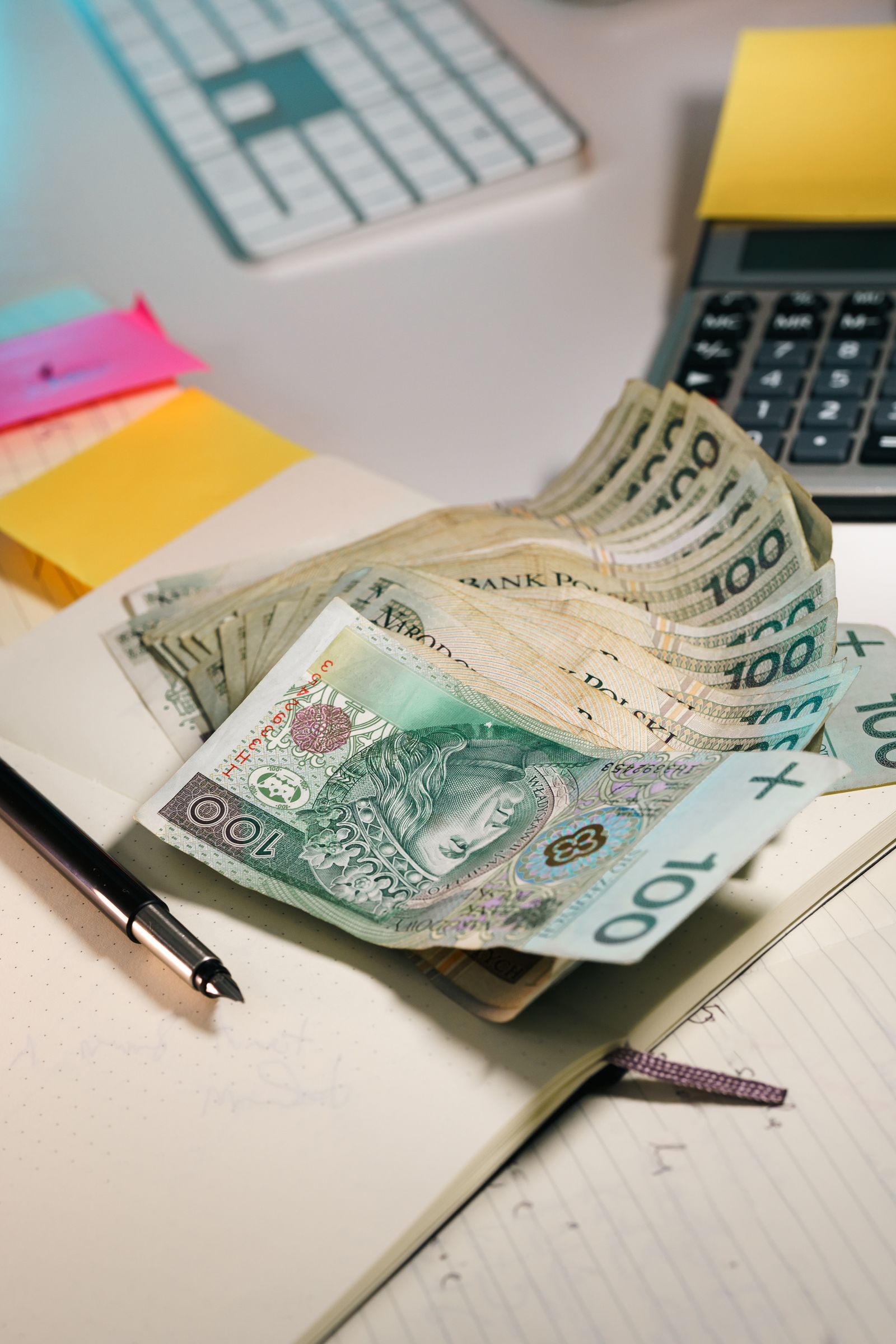 Polskie banknoty, kalkulator i notatnik podczas sprawdzania zadłużenia