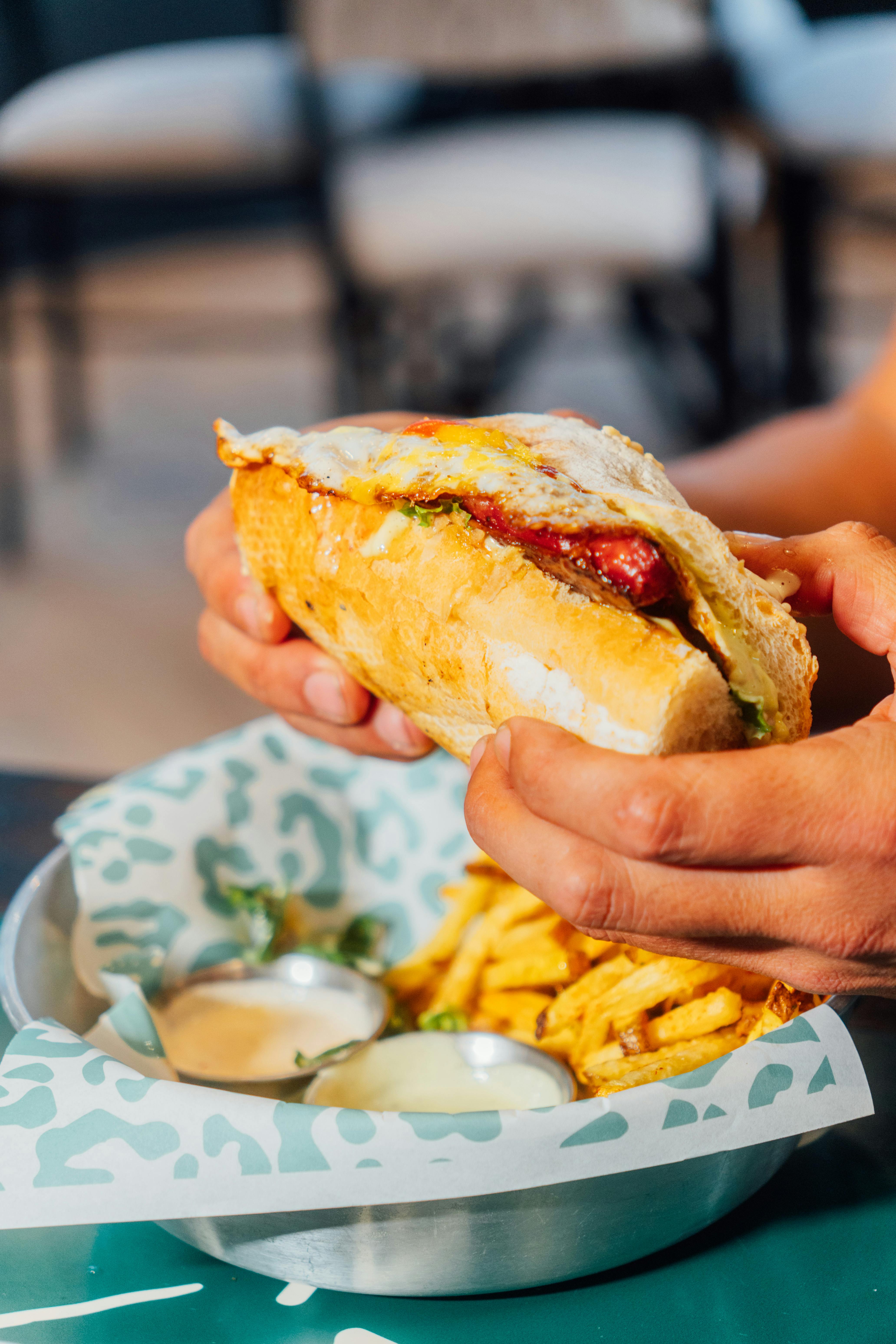 delicious street food sandwich with fries