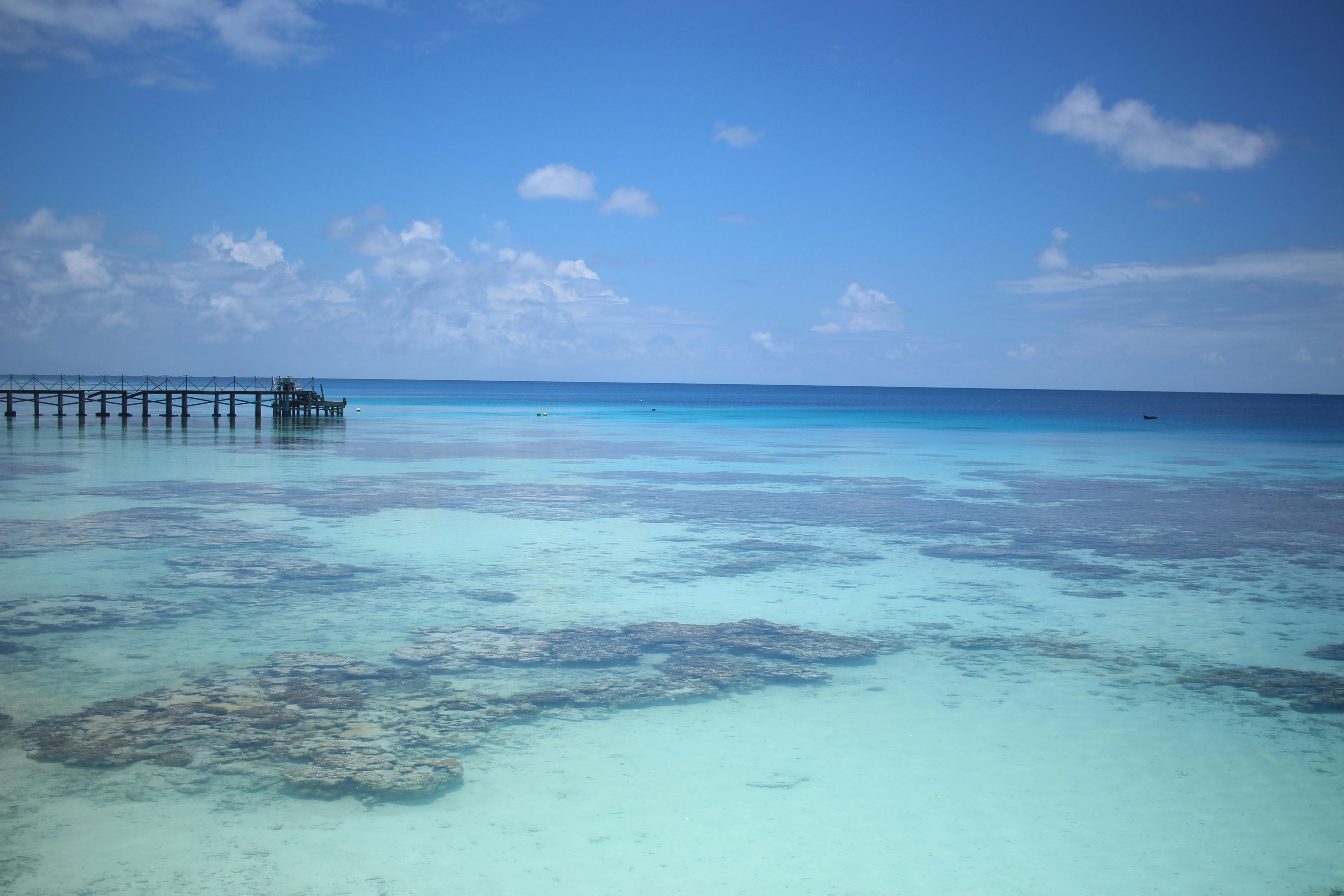 Beautiful clear waters near a wooden pier in Tuamotu, French Polynesia.