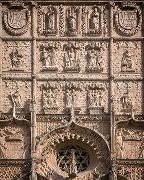 Detailed gothic facade of San Gregorio College, Valladolid, showcasing intricate stone carvings and sculptures.