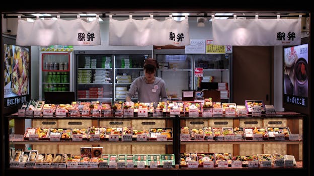 A woman arranges bento boxes in a bustling Tokyo shop, showcasing authentic Japanese culture.