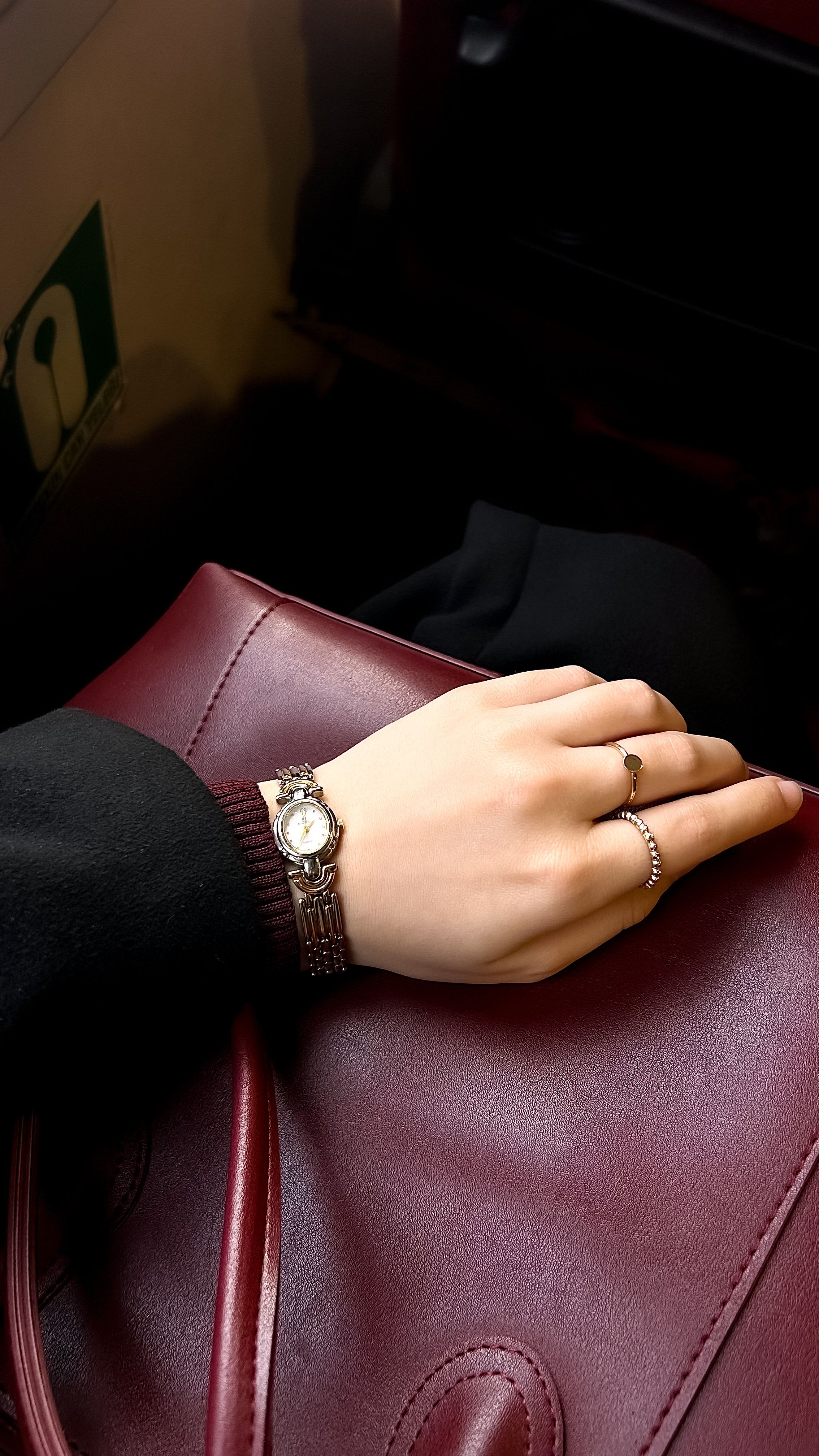 Close-up of a hand with jewelry and watch resting on a maroon leather bag.