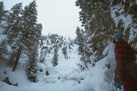 一名男子徒步穿行在科罗拉多州汽船泉白雪皑皑的风景中，四周环绕着霜冻的树木
