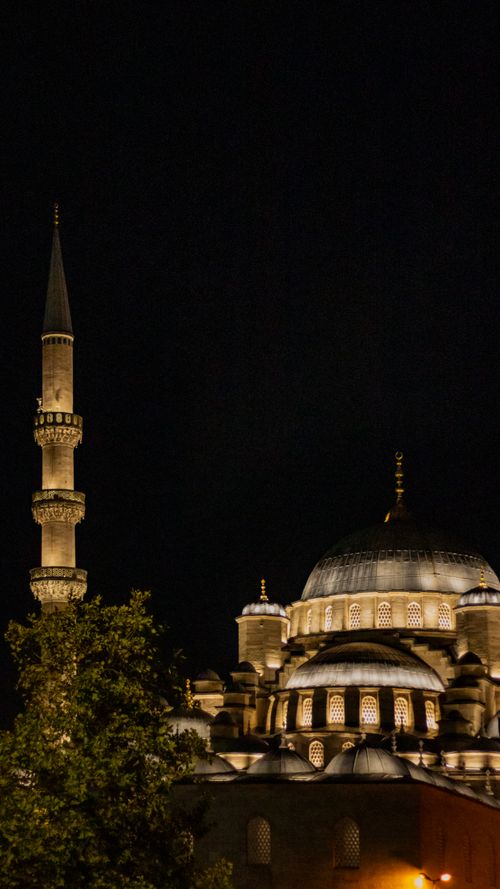 Free A beautifully lit mosque with a prominent minaret against a night sky. Stock Photo