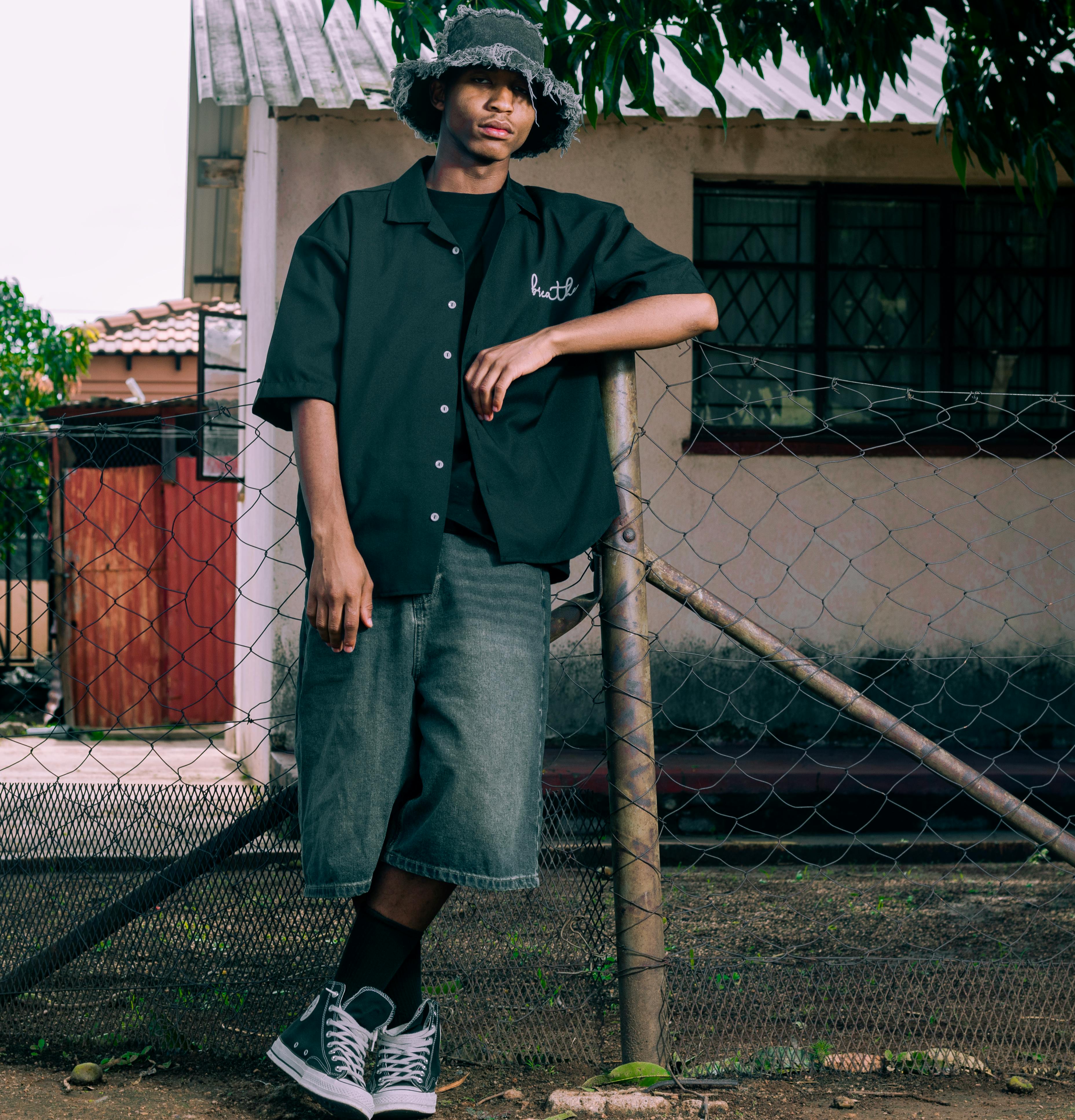 Black Graphic Tee Denim Bermuda Shorts Converse Bucket Hat