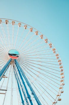 以清澈蓝天为背景的摩天轮壮丽景色，象征着冒险与欢乐