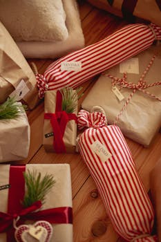 Cozy Christmas presents with red stripes and brown paper, perfect for the holiday spirit.