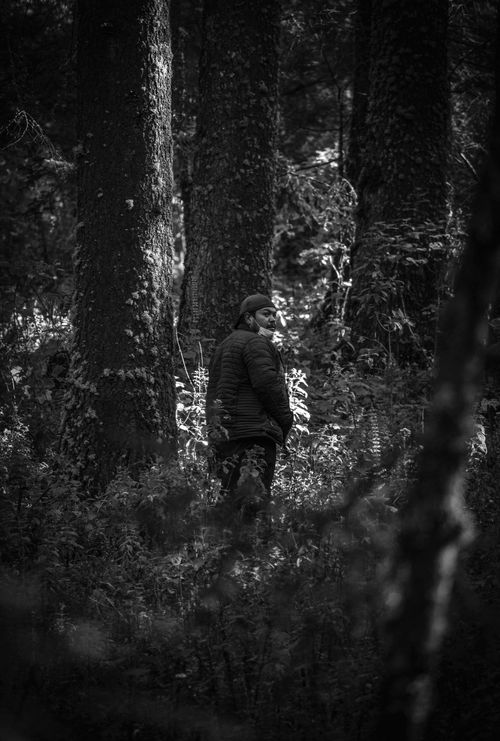 Free Black and white photo of a man standing in a lush forest in Michoacán, Mexico. Stock Photo