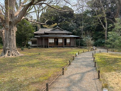 Free A tranquil Japanese house surrounded by lush greenery in a peaceful garden setting. Stock Photo