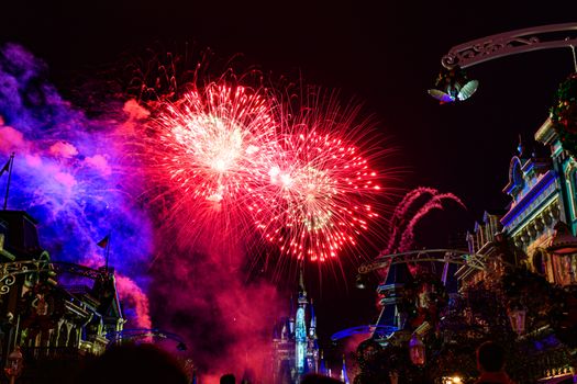 Spectacular fireworks illuminate the night sky over Disney World in Florida, creating a magical experience.