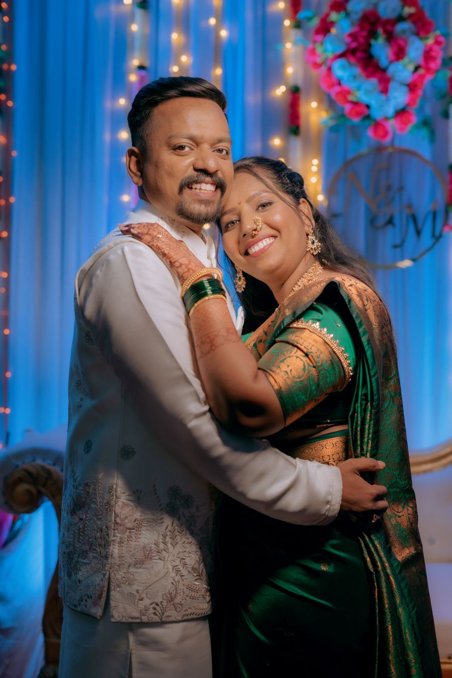Romantic couple embracing at a wedding celebration