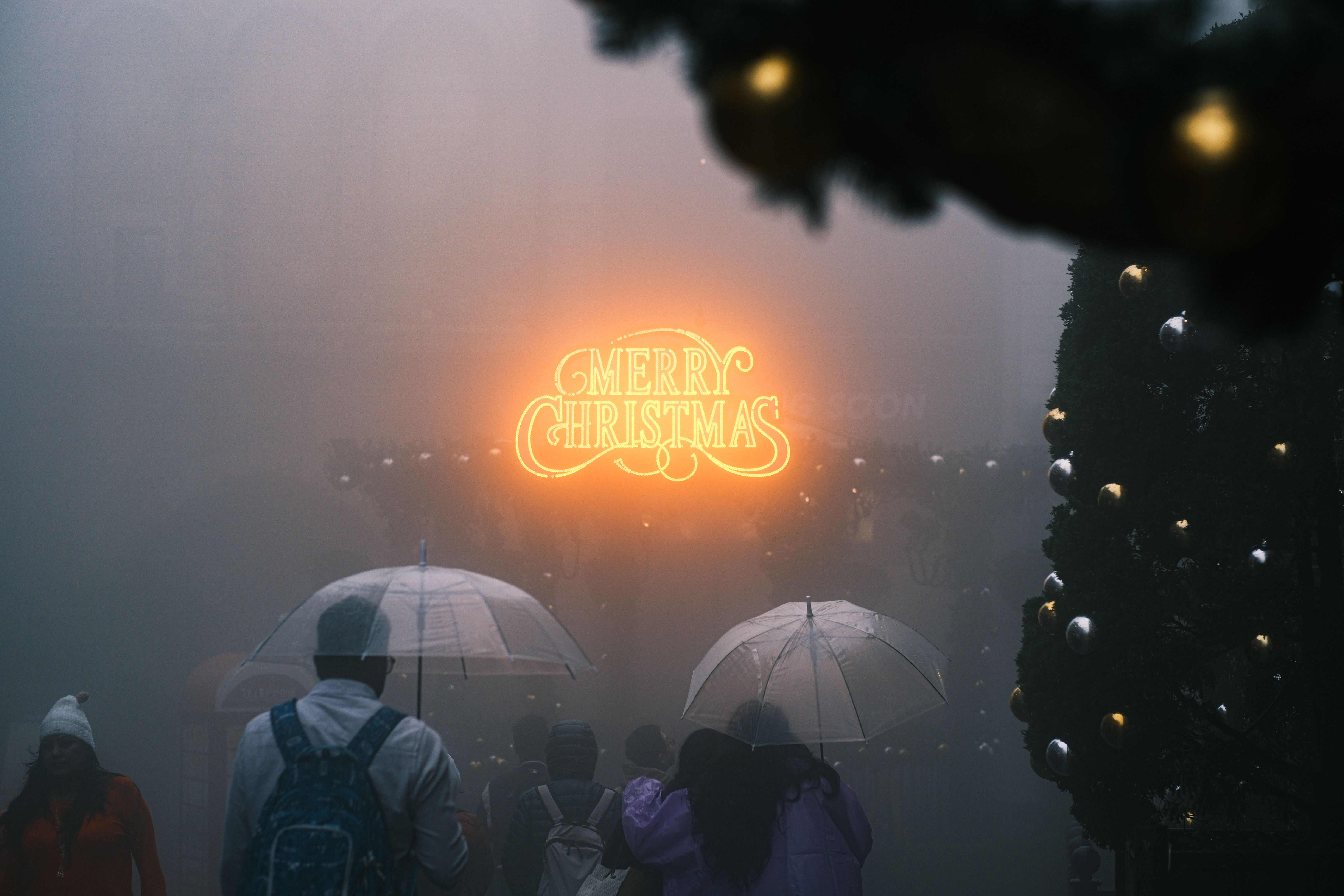 grátis Pessoas caminhando sob guarda-chuvas em uma cena de inverno enevoada, com uma placa de néon brilhante com os dizeres "Feliz Natal". Foto profissional