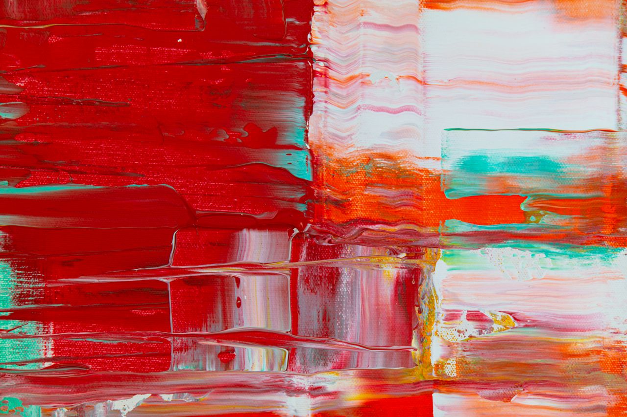bright colorful abstract painting with dominant red hues and dynamic b