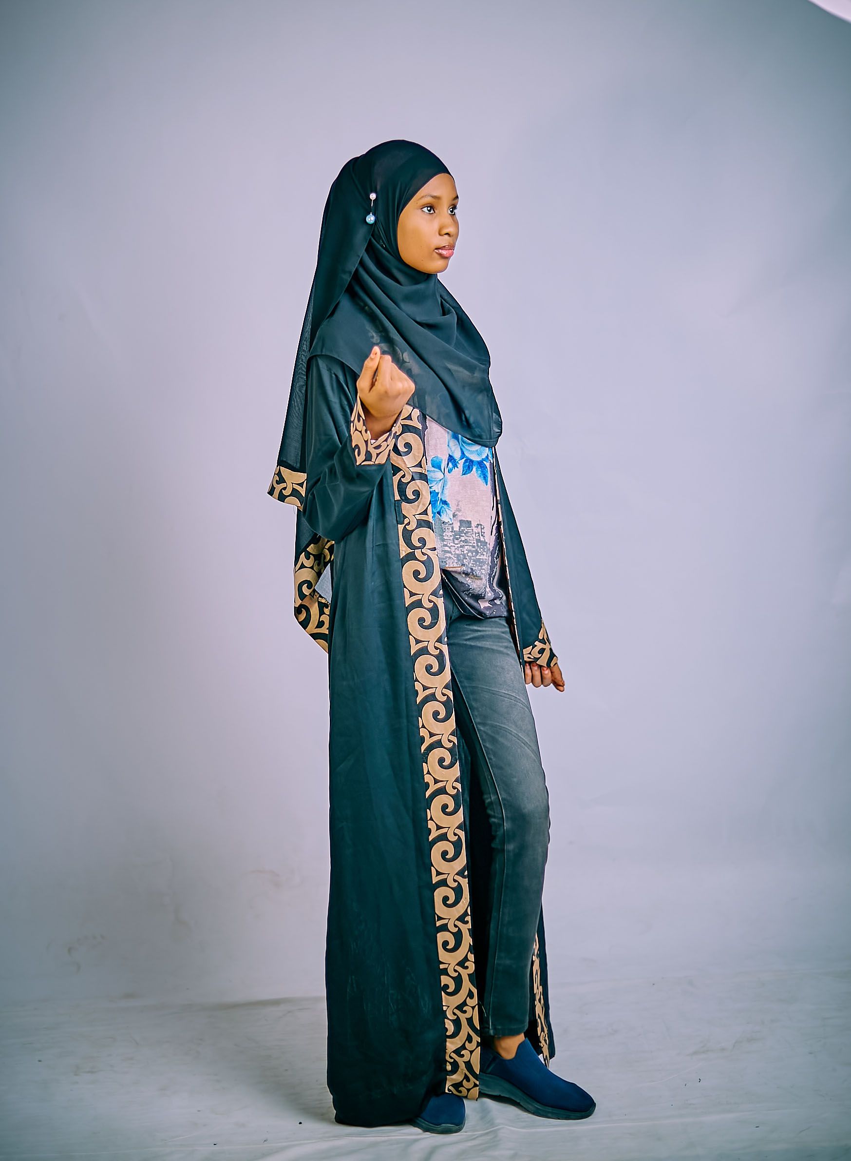 Grey embroidered abaya with hijab