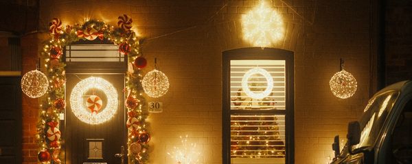 Christmas decorated house at night