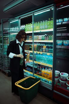 Woman choosing drinks in a grocery store aisle with a shopping basket.