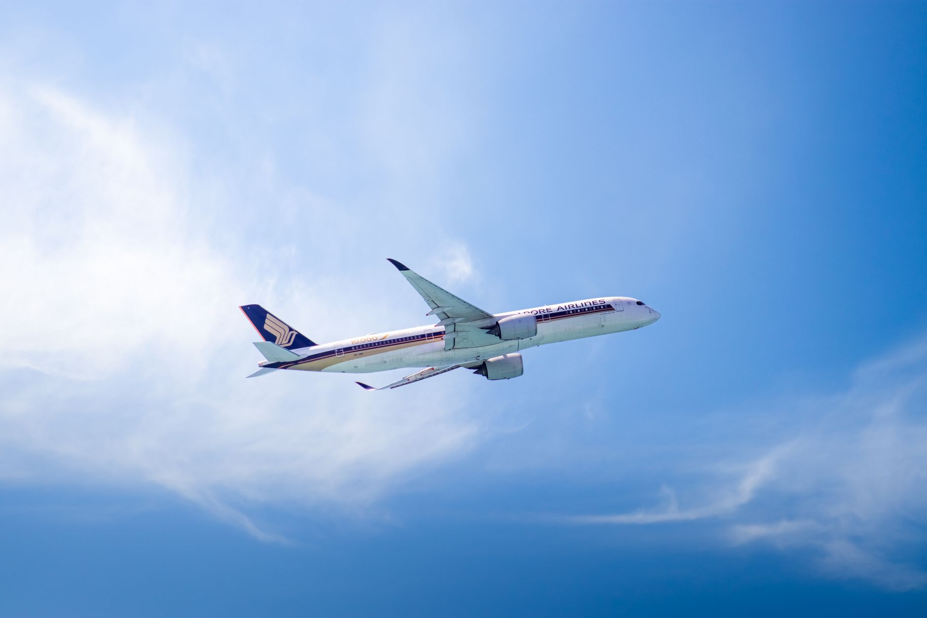 A commercial airplane soars through a clear blue sky, epitomizing travel and freedom.