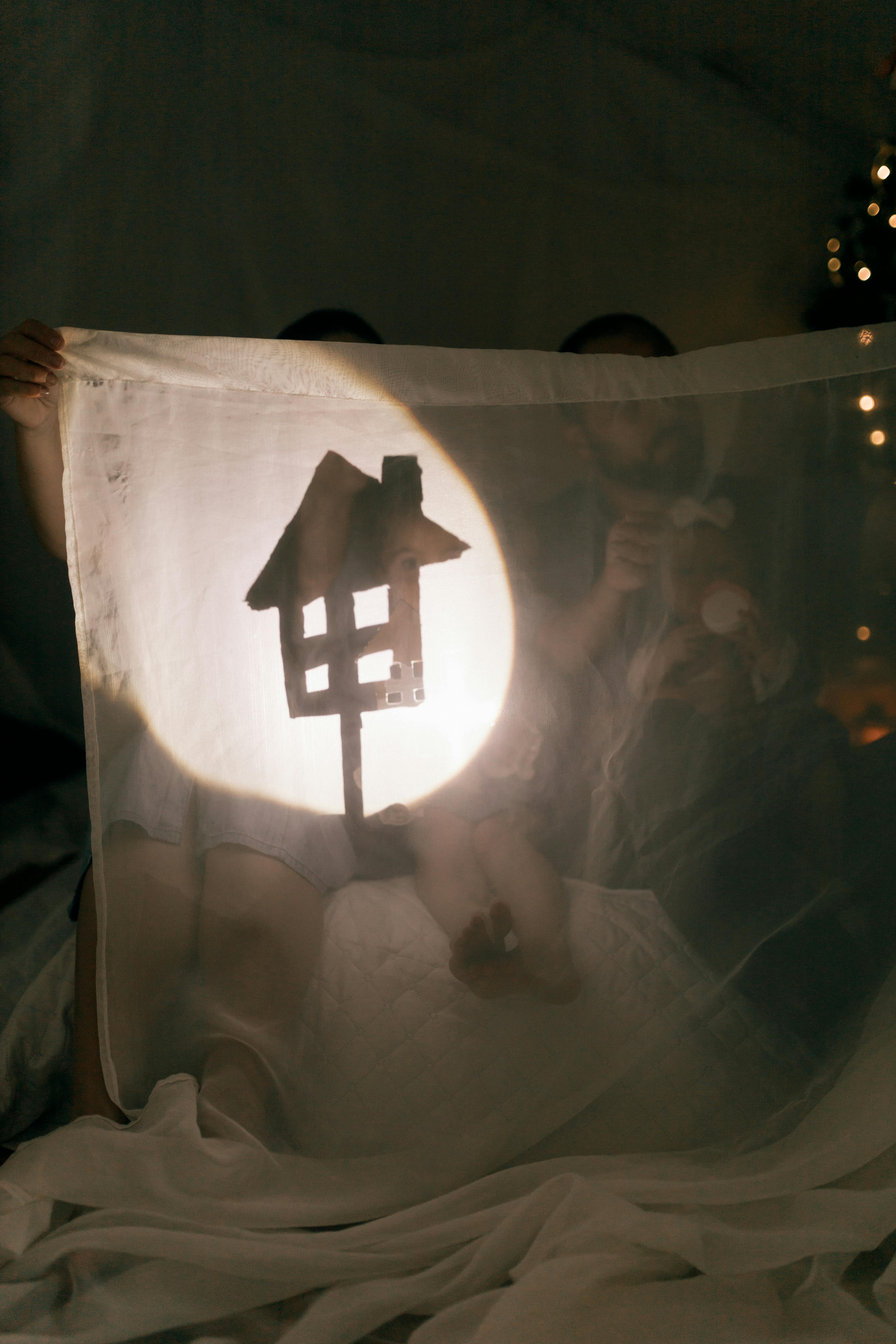 Children play with shadow puppets behind a sheet in a dimly lit, cozy interior setting.