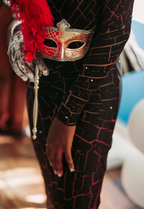 仮面舞踏会のマスクを保持している女性