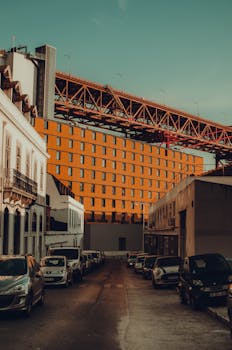 城市街景中，多辆汽车停放着，头顶是大型桥梁结构
