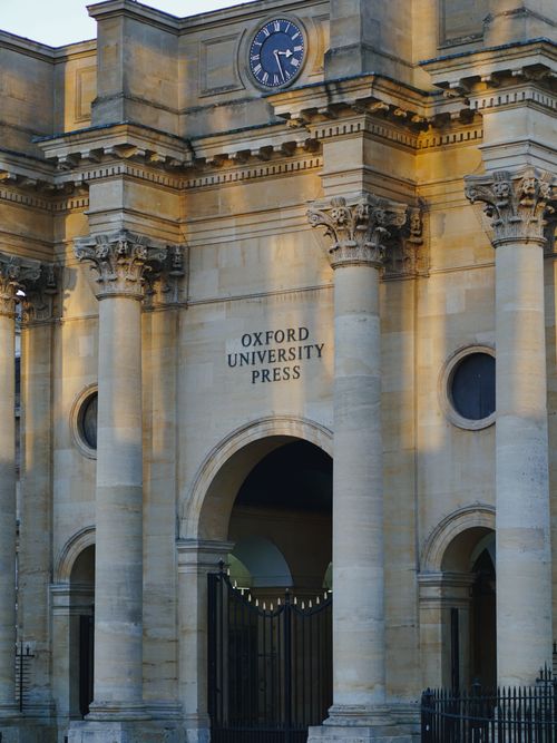 Free Front view of Oxford University Press facade in Oxford, England with classical architecture. Stock Photo