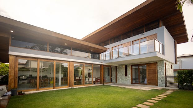 Contemporary luxury house exterior with large glass windows, wooden decor, and green lawn.
