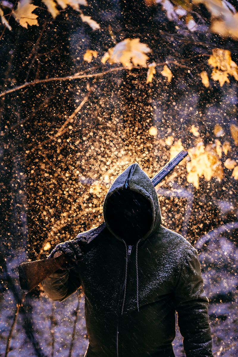 hooded figure snowy forest