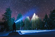 Person Wearing Hooded Jacket Standing on Rock Near Trees During Night Time