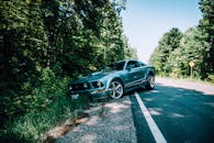 一辆蓝色福特野马停在路边，周围是郁郁葱葱的森林，展现了汽车与自然之美