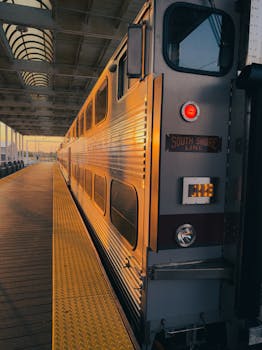 A picturesque sunrise reflecting off a train at an outdoor station, capturing the golden hour glow.