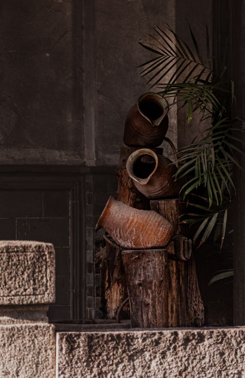 Free Rustic clay pots artfully arranged with wooden logs and ferns, creating a vintage atmosphere. Stock Photo