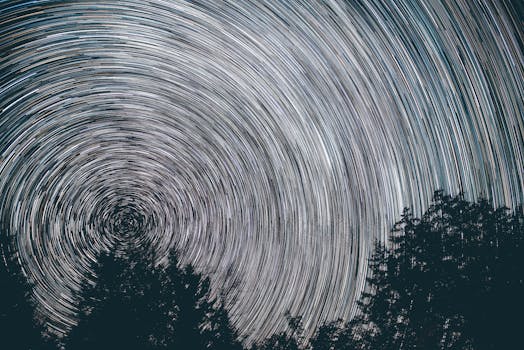 夜晚，迷人的星轨在树木的轮廓上勾勒出引人注目的螺旋图案