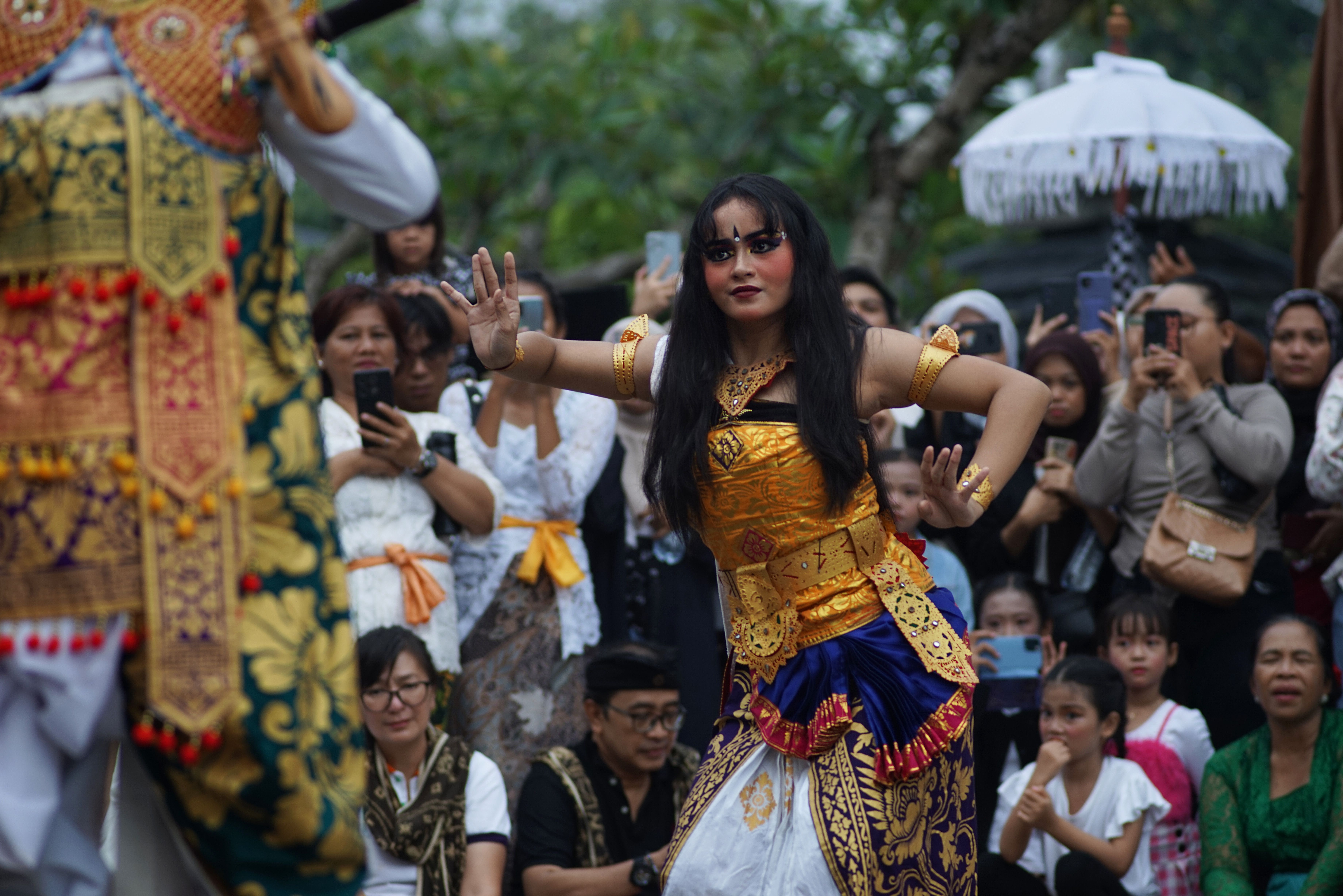 Balinese village arena with spectators surrounding two handlers, traditional clothing, tense late-afternoon atmosphere