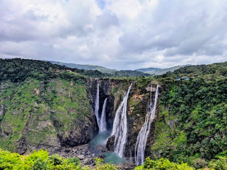 Breathtaking aerial view of the majestic Jog Falls in lush Indian landscape.