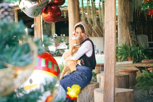Free A woman holds a cat outside in a festive setting with balloons and holiday decor. Stock Photo