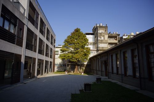 Free A tranquil courtyard with modern buildings and a towering tree in Hsinchu City, Taiwan. Stock Photo