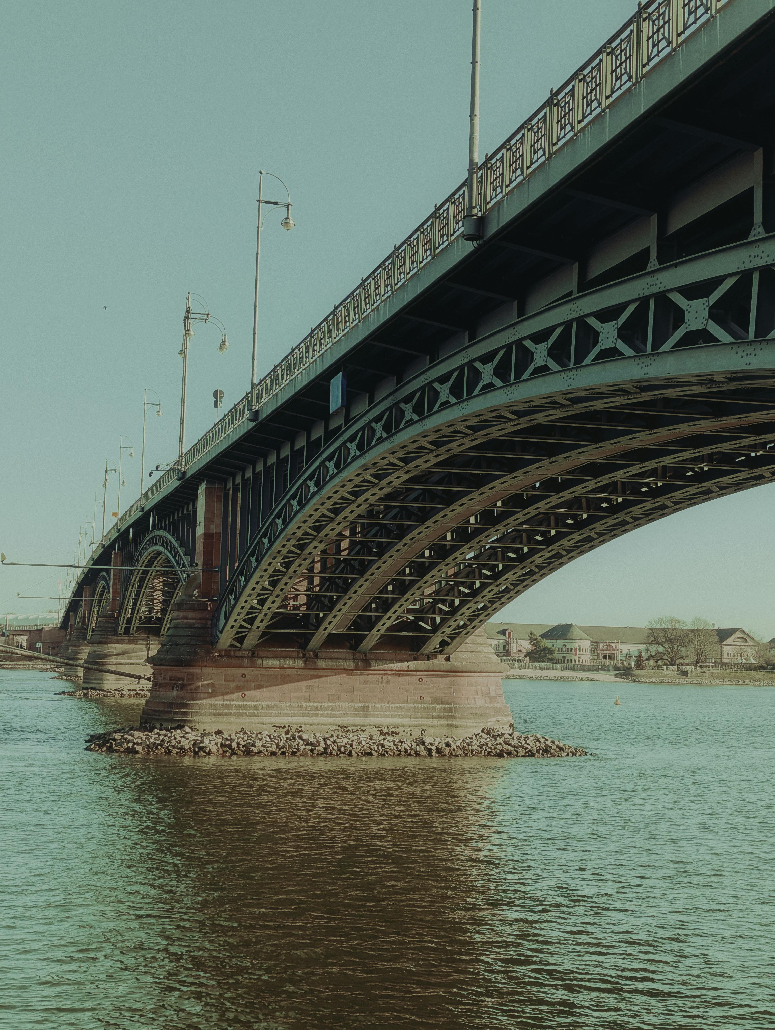 grátis Uma ponte de aço sobre o rio Reno em Mainz, Alemanha, vista de um ângulo lateral em um dia claro. Foto profissional