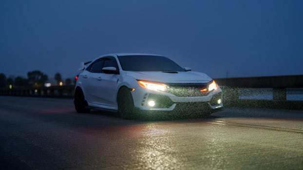 A white sports car with headlights on drives through a rainy road at night.